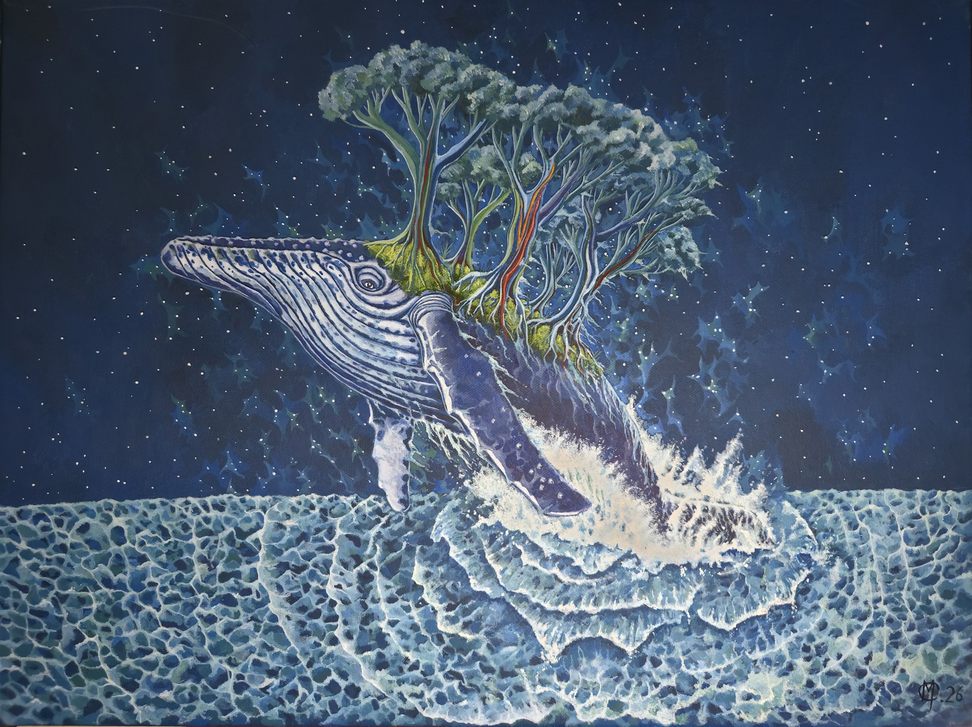 A whale carrying a forest rises from a luminous ocean beneath a star-filled sky